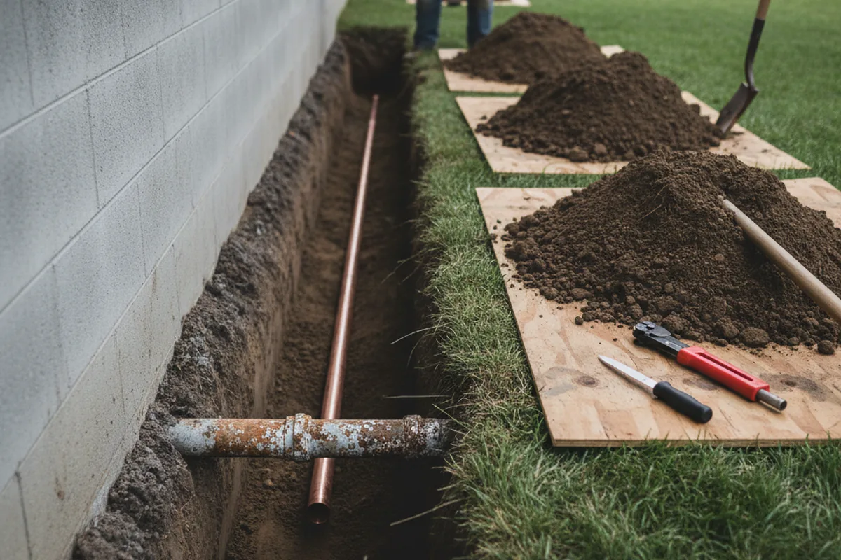 Excavated water line trench during Sewer Line Repair in Walkersville
